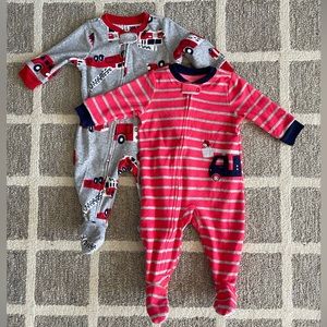 Carter’s Set of 2 Fleece Firetruck Footed Onesies Size 6 Months